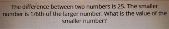 The difference between two numbers is 25. The smaller number is 1/6th of the larger number. What is