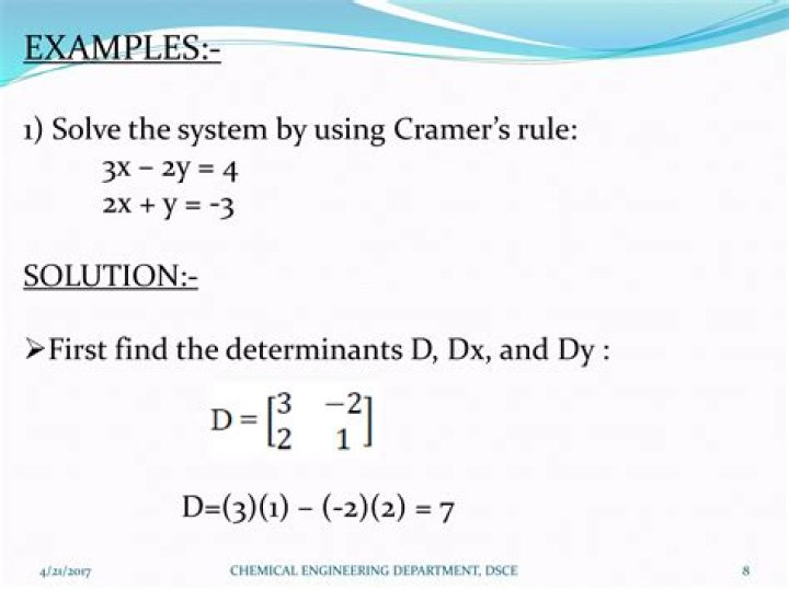 Use Cramers Method to solve 12c + 8t = 34 and 10c + 7t = 29